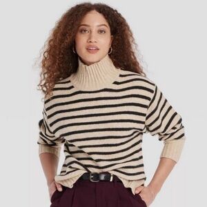 a new day Cream and Black Striped Turtleneck Sweater